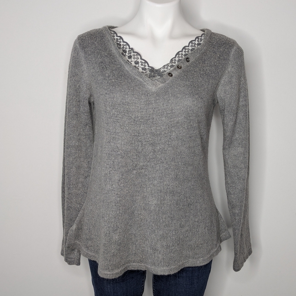 Tempo Paris Grey Lace V Neck Long Sleeve Sweater S